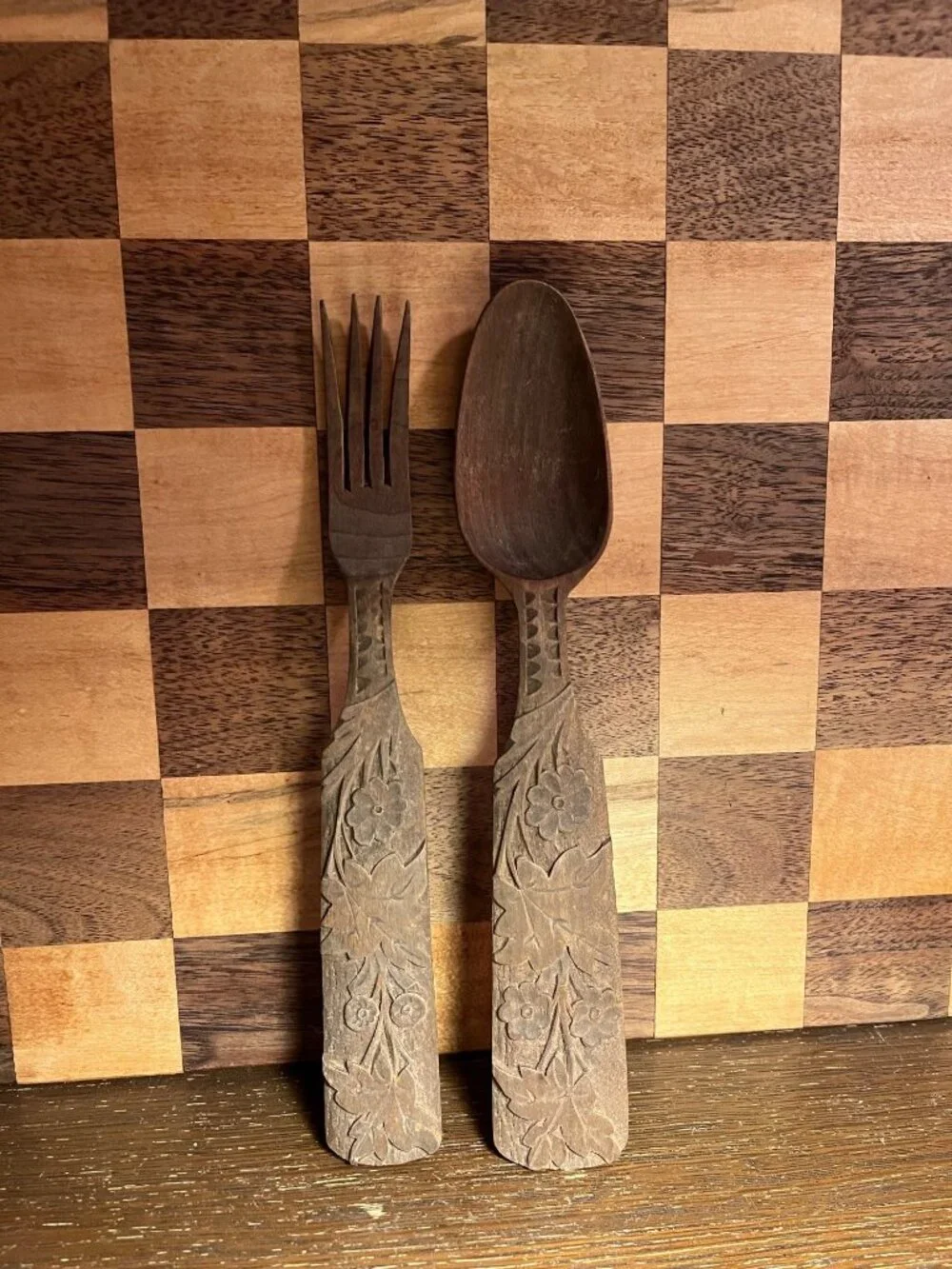 Carved Floral Wood Serving Spoon and Fork A858